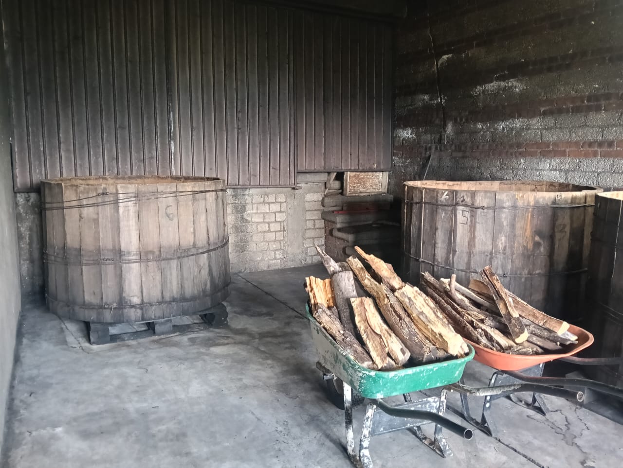 Cuarto con tinas de madera de fermentación y leña de encino y pino